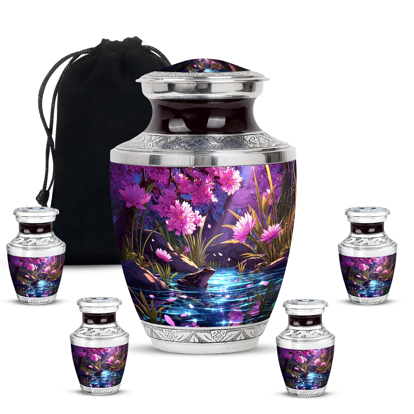 Dusty Pink Frog Cremation Urn lifestyle display on memorial shelf - stylized abstract frog pattern with bold lines - memorial set with one large and four small urns