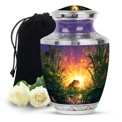 Plum Purple Frog Cremation Urn side profile showing urn shape - contemporary frog design with modern artistic flair - full-size 10 inch 200 cubic inch adult cremation urn