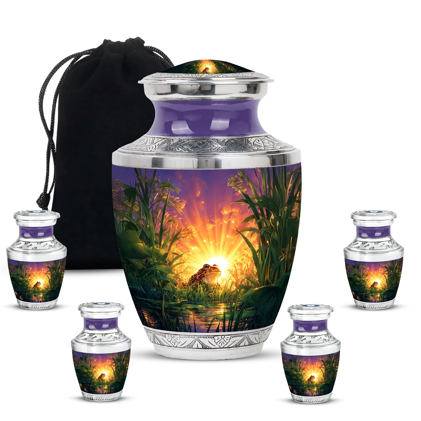 Lavender Purple Frog Cremation Urn lifestyle display on memorial shelf - artistic frog interpretation with creative detail - memorial set with one large and four small urns