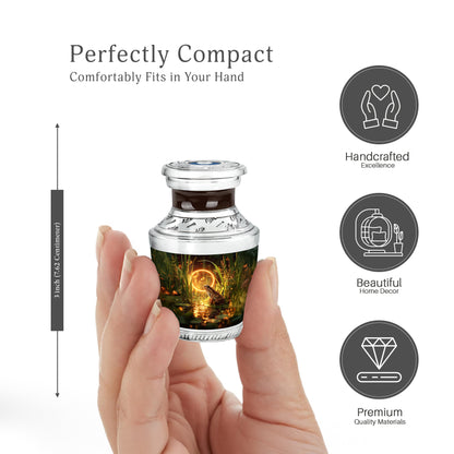 Warm Gold Frog Cremation Urn top-down view of secure threaded lid - stylized abstract frog pattern with bold lines - mini keepsake memorial for portion of cremation ashes