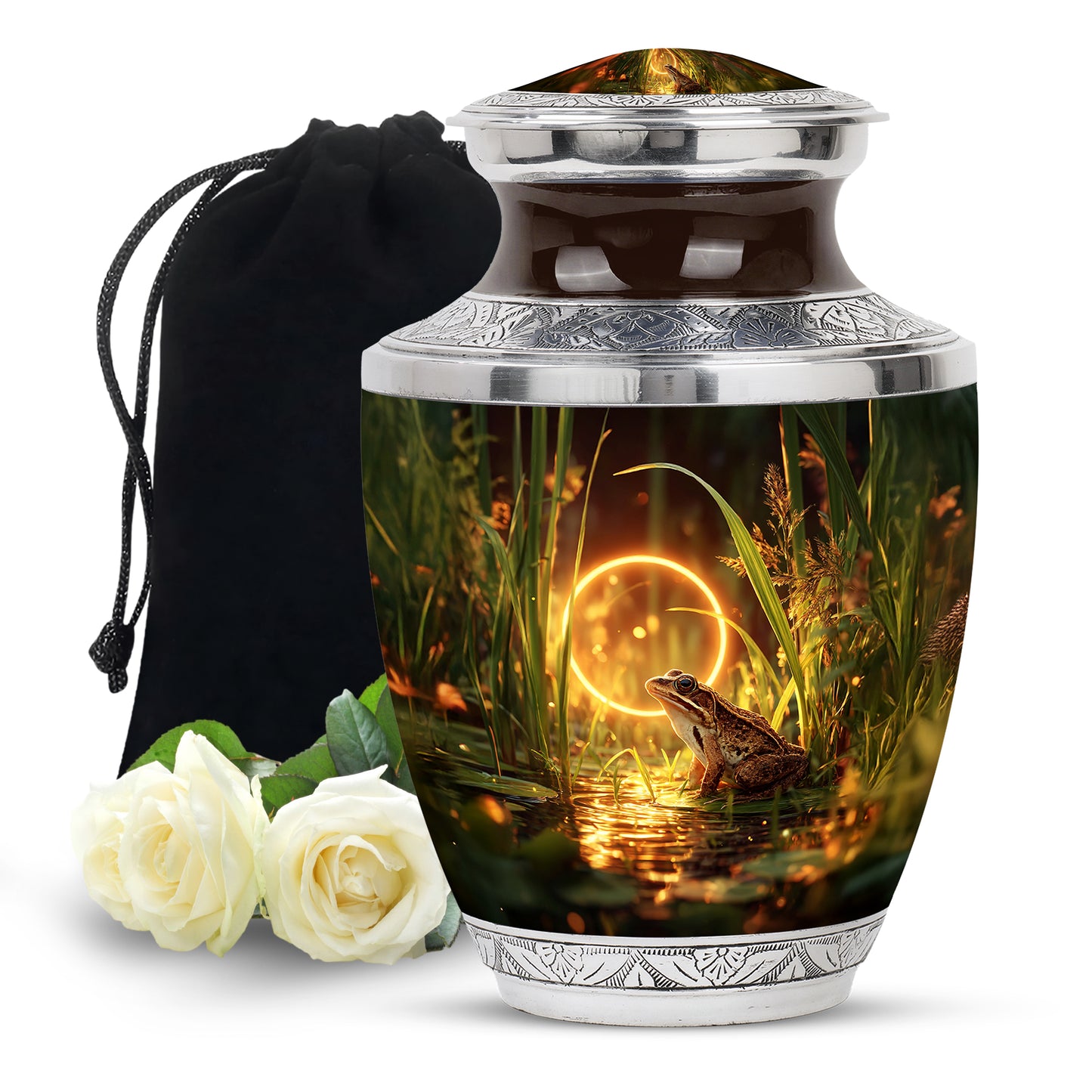 Champagne Gold Frog Cremation Urn side profile showing urn shape - contemporary frog design with modern artistic flair - full-size 10 inch 200 cubic inch adult cremation urn