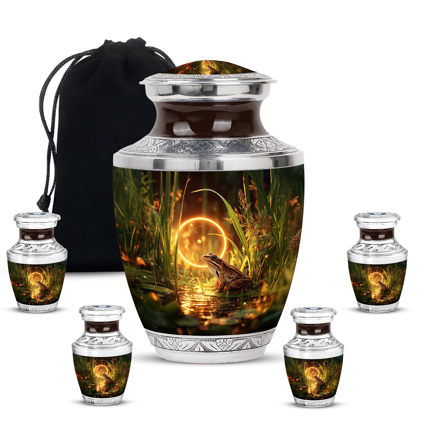 Royal Gold Frog Cremation Urn lifestyle display on memorial shelf - stylized abstract frog pattern with bold lines - memorial set with one large and four small urns