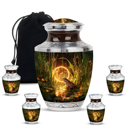 Royal Gold Frog Cremation Urn lifestyle display on memorial shelf - stylized abstract frog pattern with bold lines - memorial set with one large and four small urns