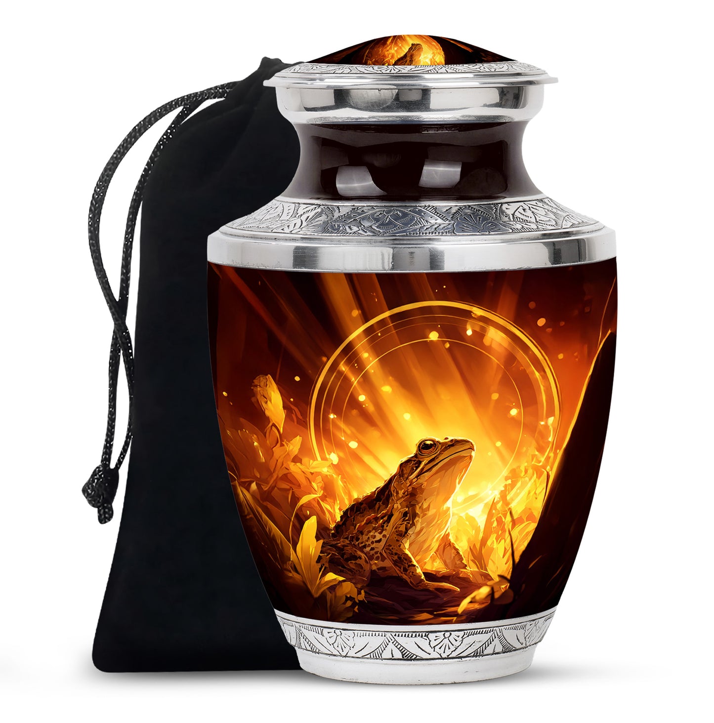 Sunrise Gold Frog Cremation Urn side profile showing urn shape - modern art-inspired frog motif on sleek aluminum - full-size 10 inch 200 cubic inch adult cremation urn