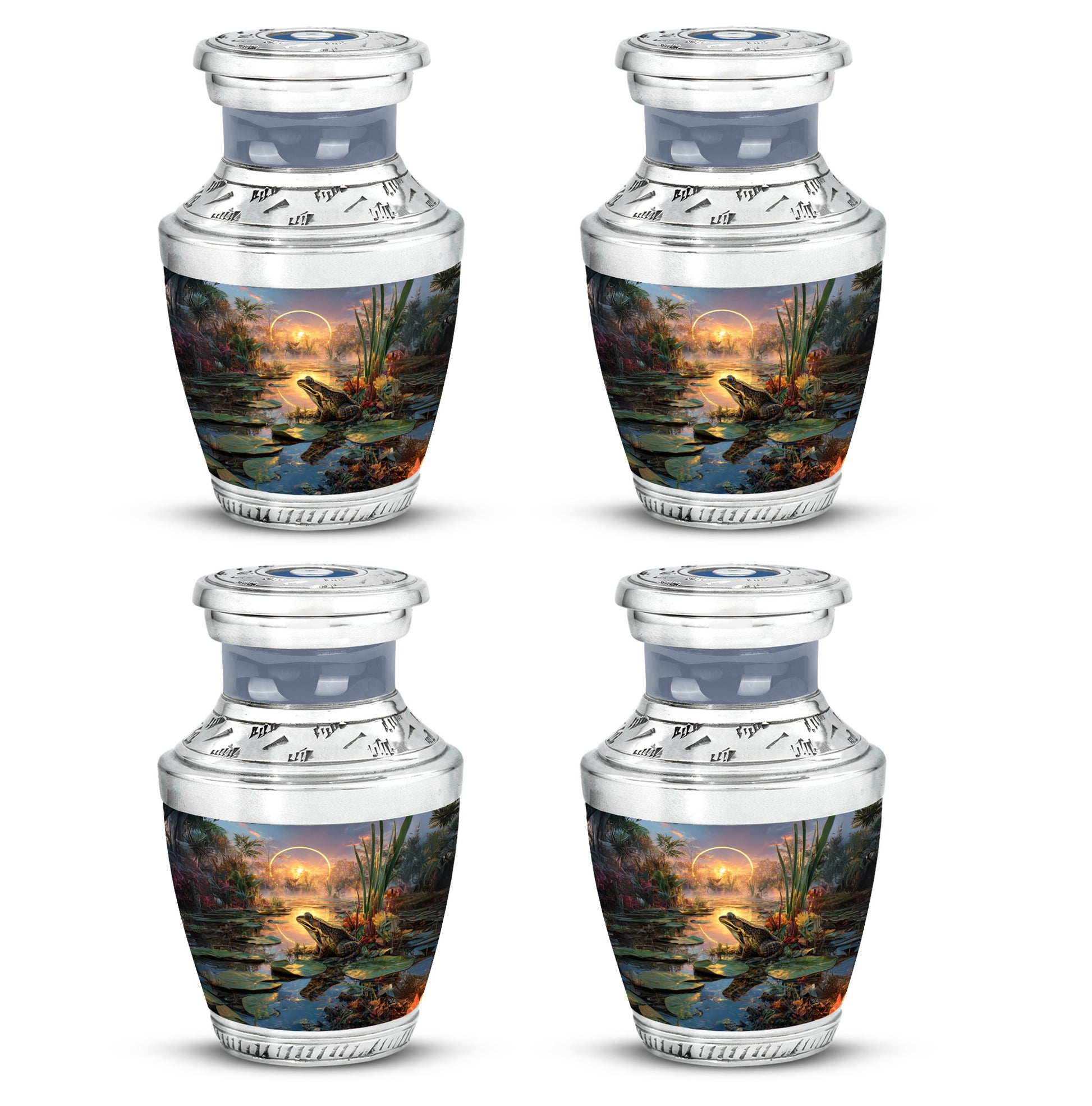 Ash Gray Frog Cremation Urn back view with polished surface - stylized abstract frog pattern with bold lines - 10 inch aluminum urn for cremated remains
