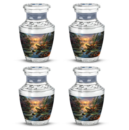 Ash Gray Frog Cremation Urn back view with polished surface - stylized abstract frog pattern with bold lines - 10 inch aluminum urn for cremated remains