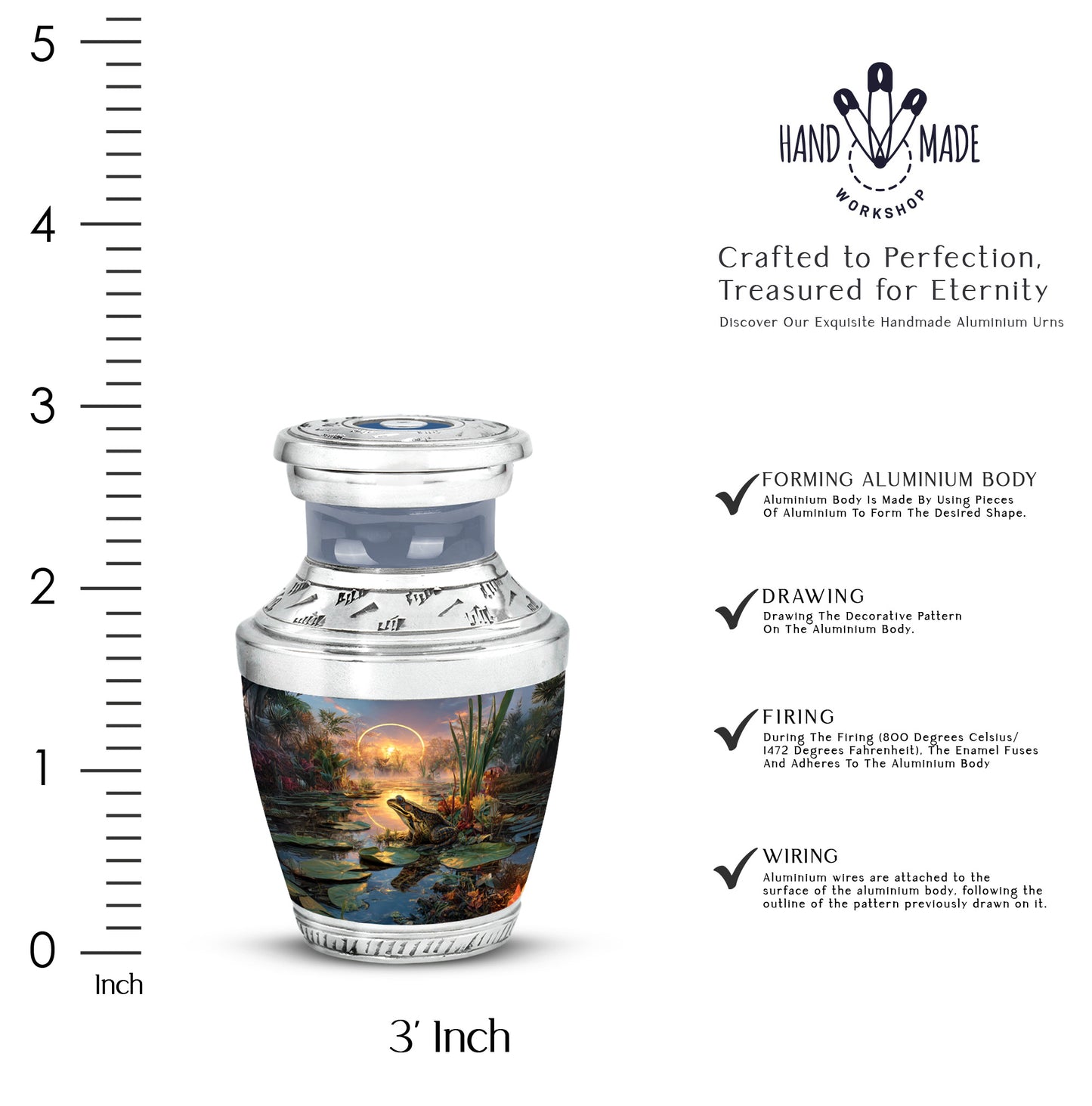 Ash Gray Frog Cremation Urn top-down view of secure threaded lid - stylized abstract frog pattern with bold lines - mini keepsake memorial for portion of cremation ashes