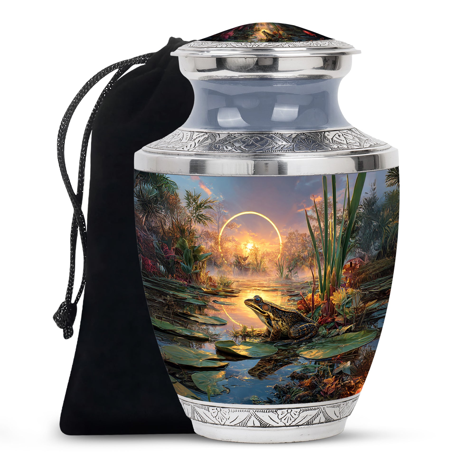 Ash Gray Frog Cremation Urn side profile showing urn shape - artistic frog interpretation with creative detail - full-size 10 inch 200 cubic inch adult cremation urn