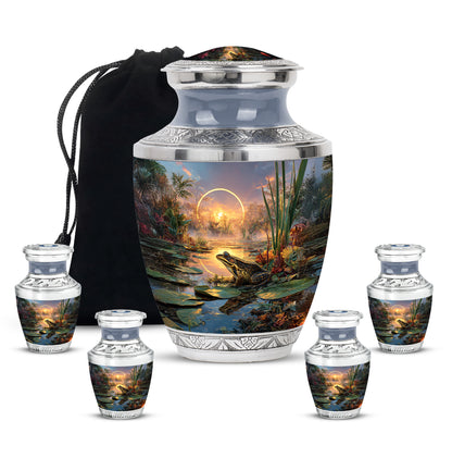 Mist Gray Frog Cremation Urn lifestyle display on memorial shelf - modern art-inspired frog motif on sleek aluminum - memorial set with one large and four small urns