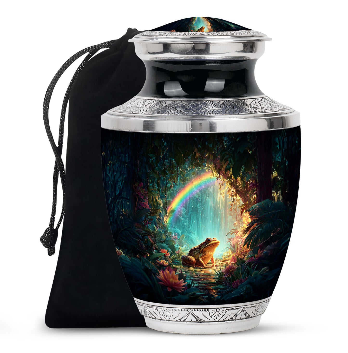 Jet Black Frog Cremation Urn side profile showing urn shape - contemporary frog design with modern artistic flair - full-size 10 inch 200 cubic inch adult cremation urn