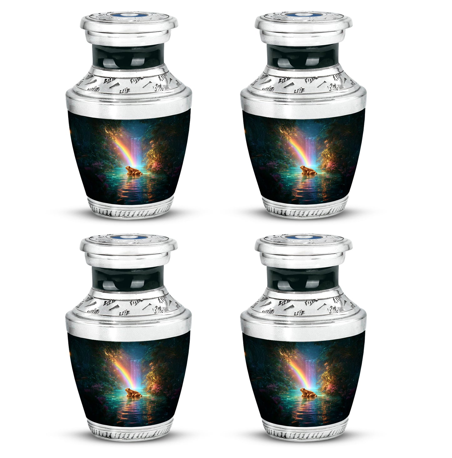 Vivid Teal Frog Cremation Urn back view with polished surface - stylized abstract frog pattern with bold lines - 10 inch aluminum urn for cremated remains