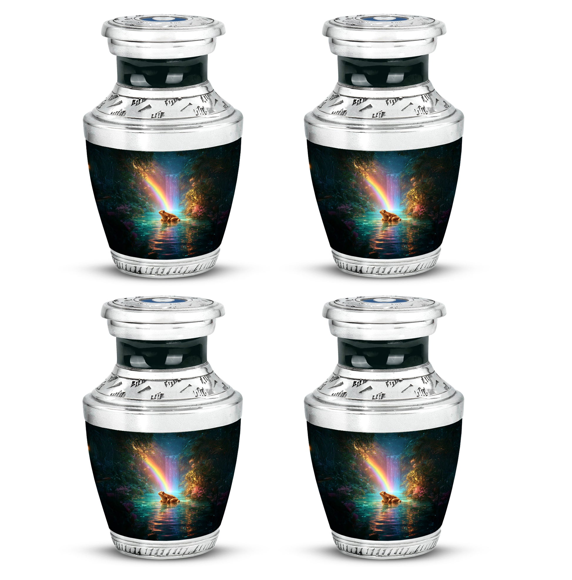 Vivid Teal Frog Cremation Urn back view with polished surface - stylized abstract frog pattern with bold lines - 10 inch aluminum urn for cremated remains