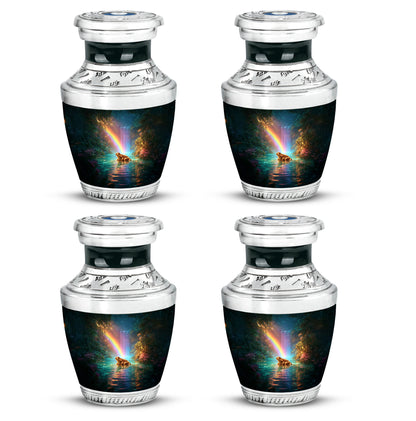 Vivid Teal Frog Cremation Urn back view with polished surface - stylized abstract frog pattern with bold lines - 10 inch aluminum urn for cremated remains