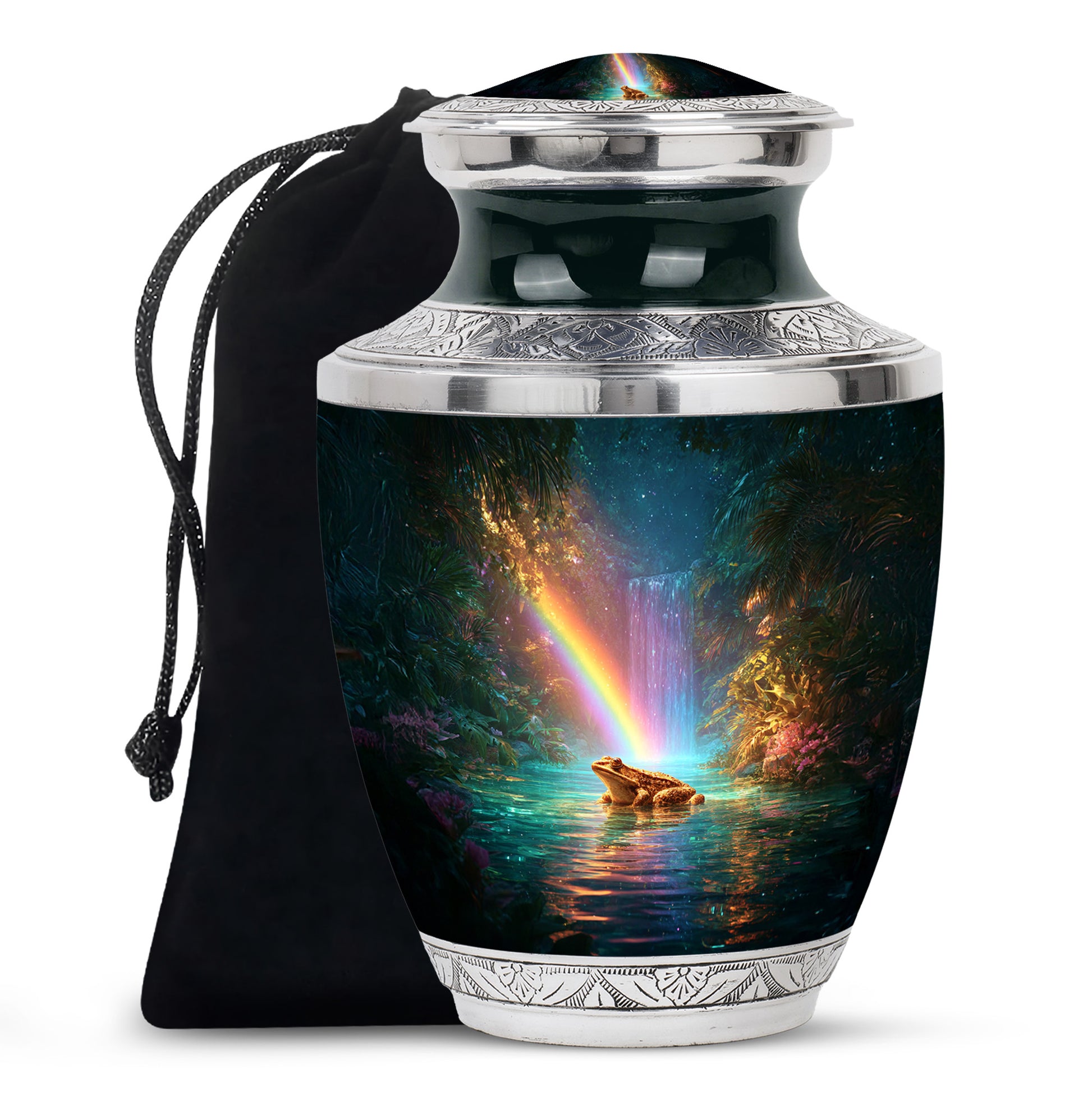 Sea Green Teal Frog Cremation Urn side profile showing urn shape - contemporary frog design with modern artistic flair - full-size 10 inch 200 cubic inch adult cremation urn