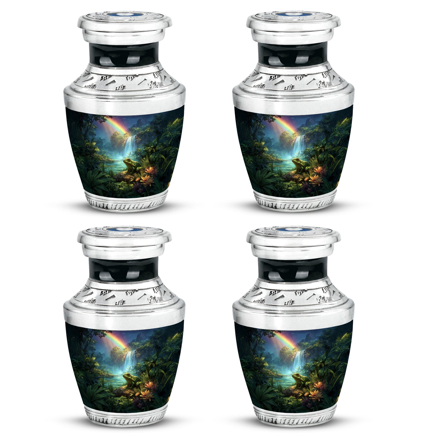 Serene Blue Frog Cremation Urn back view with polished surface - stylized abstract frog pattern with bold lines - 10 inch aluminum urn for cremated remains