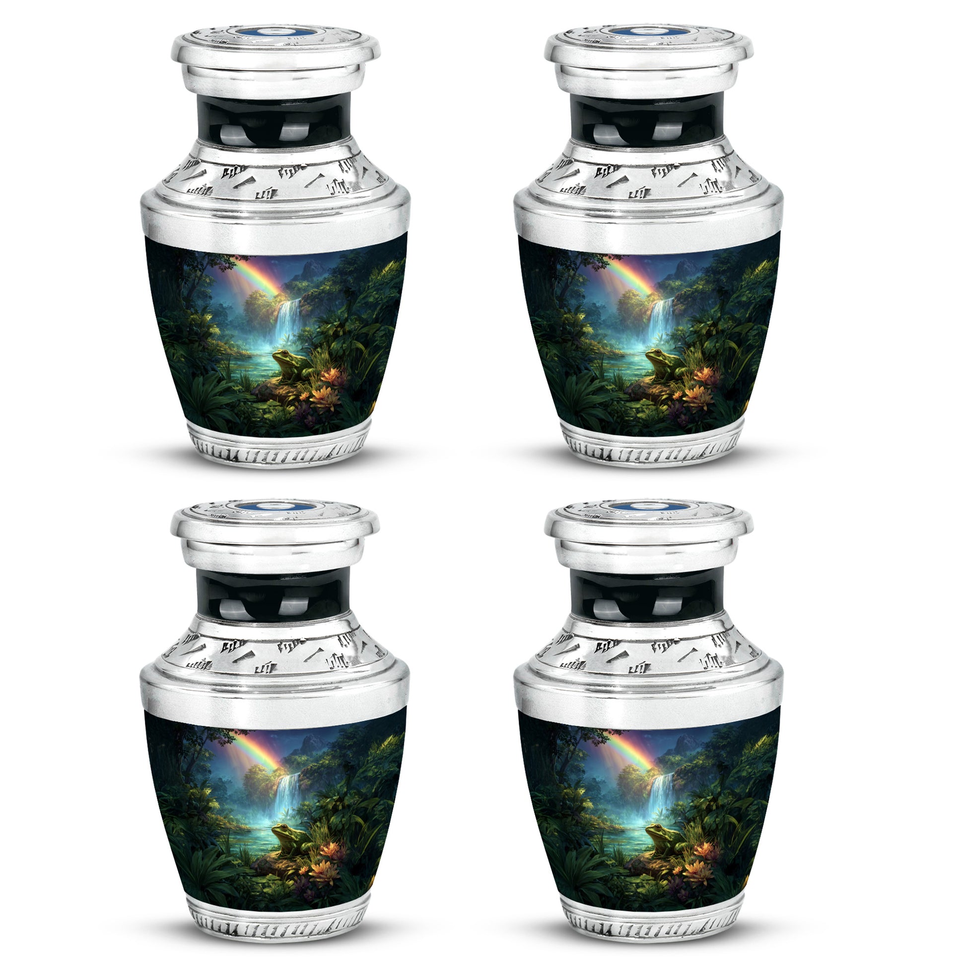 Serene Blue Frog Cremation Urn back view with polished surface - stylized abstract frog pattern with bold lines - 10 inch aluminum urn for cremated remains