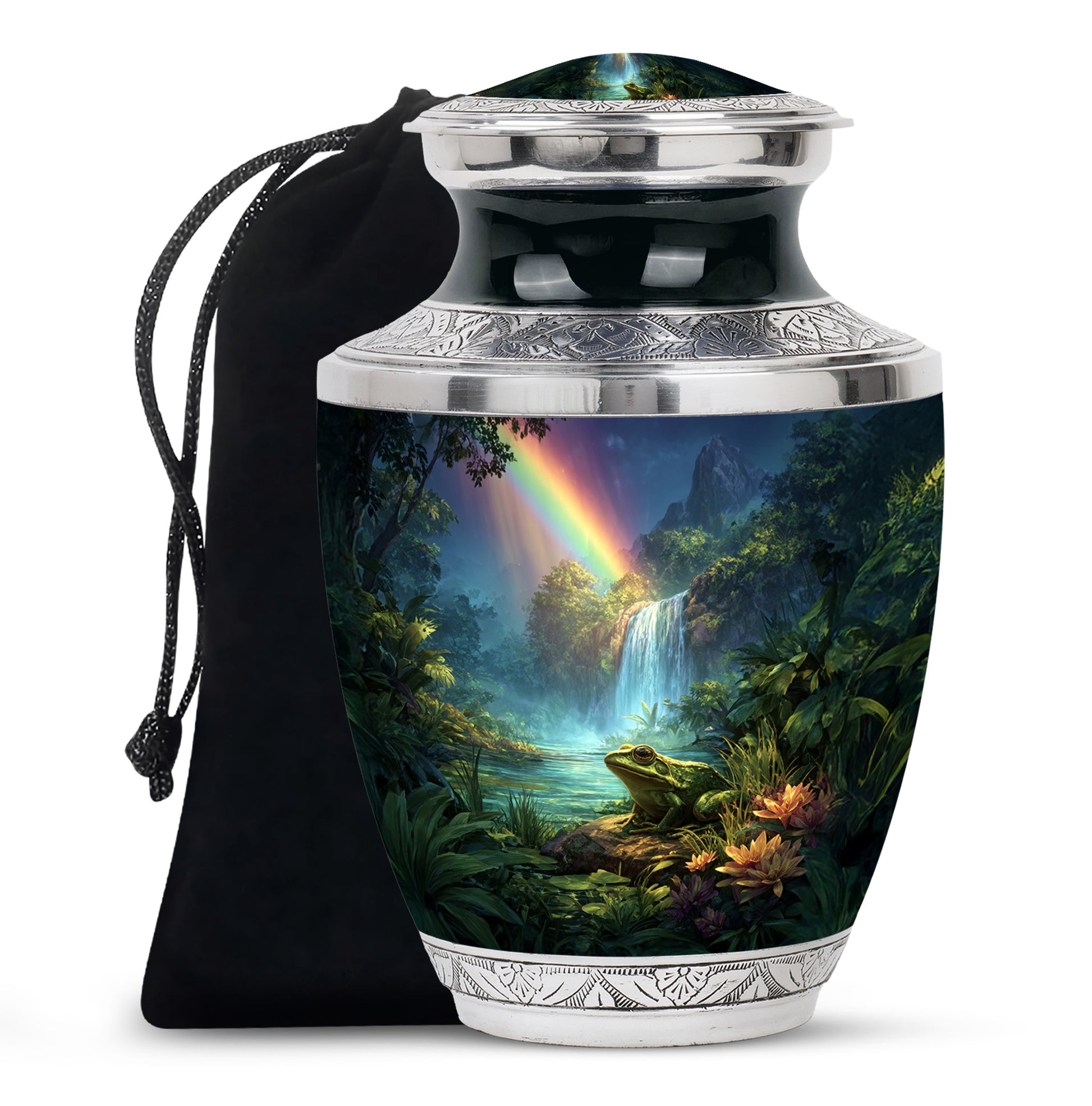 Indigo Frog Cremation Urn side profile showing urn shape - contemporary frog design with modern artistic flair - full-size 10 inch 200 cubic inch adult cremation urn