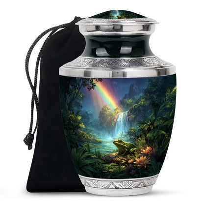Indigo Frog Cremation Urn side profile showing urn shape - contemporary frog design with modern artistic flair - full-size 10 inch 200 cubic inch adult cremation urn