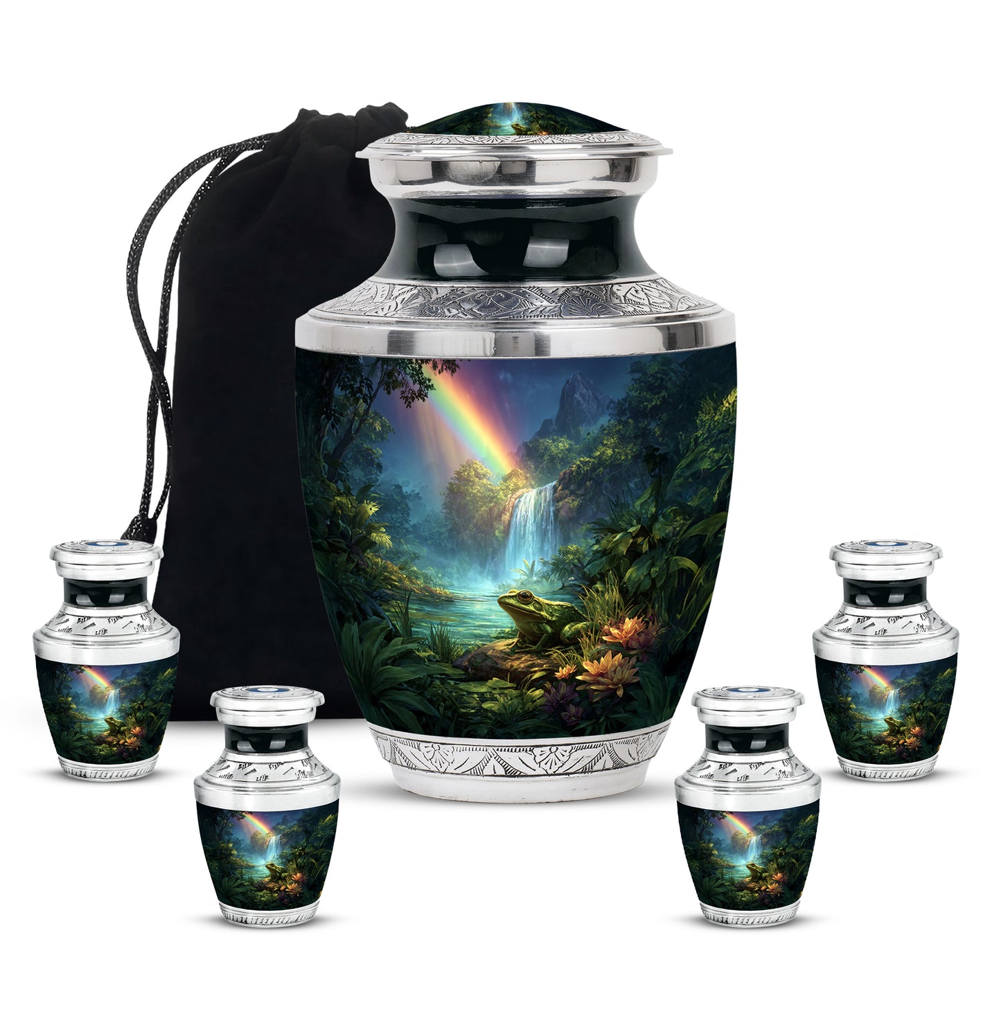 Calming Blue Frog Cremation Urn lifestyle display on memorial shelf - artistic frog interpretation with creative detail - memorial set with one large and four small urns