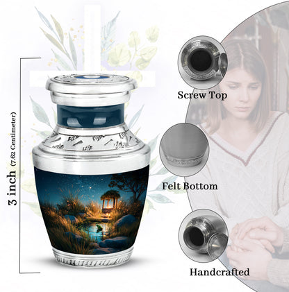 Cobalt Blue Frog Cremation Urn top-down view of secure threaded lid - artistic frog interpretation with creative detail - mini keepsake memorial for portion of cremation ashes