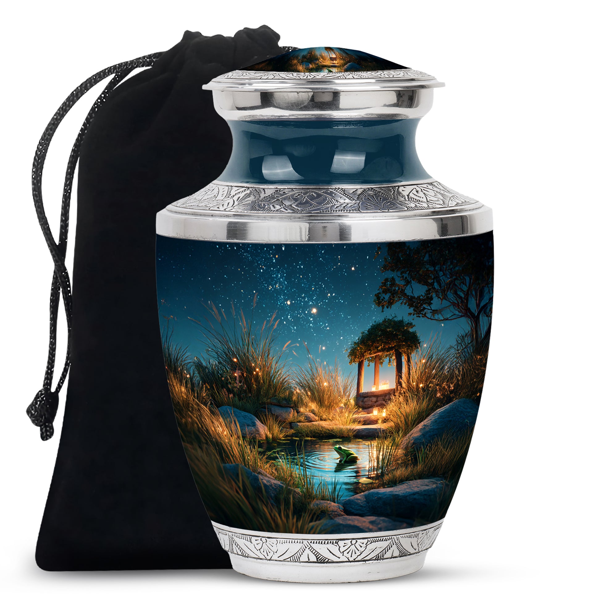 Indigo Frog Cremation Urn side profile showing urn shape - contemporary frog design with modern artistic flair - full-size 10 inch 200 cubic inch adult cremation urn