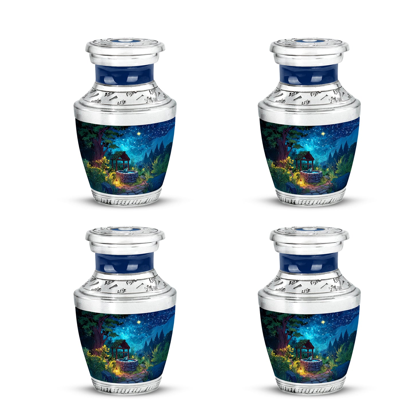 Vivid Blue Frog Cremation Urn back view with polished surface - stylized abstract frog pattern with bold lines - 10 inch aluminum urn for cremated remains