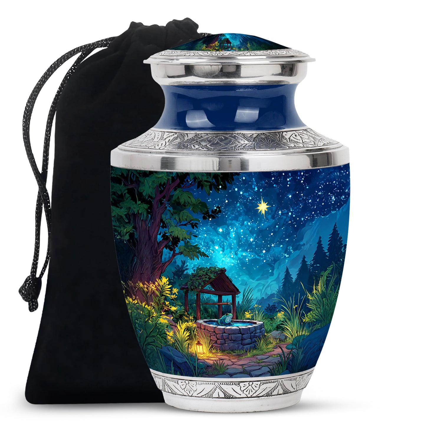 Steel Blue Frog Cremation Urn side profile showing urn shape - stylized abstract frog pattern with bold lines - full-size 10 inch 200 cubic inch adult cremation urn