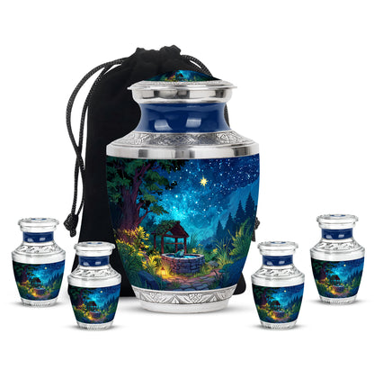 Powder Blue Frog Cremation Urn lifestyle display on memorial shelf - contemporary frog design with modern artistic flair - memorial set with one large and four small urns