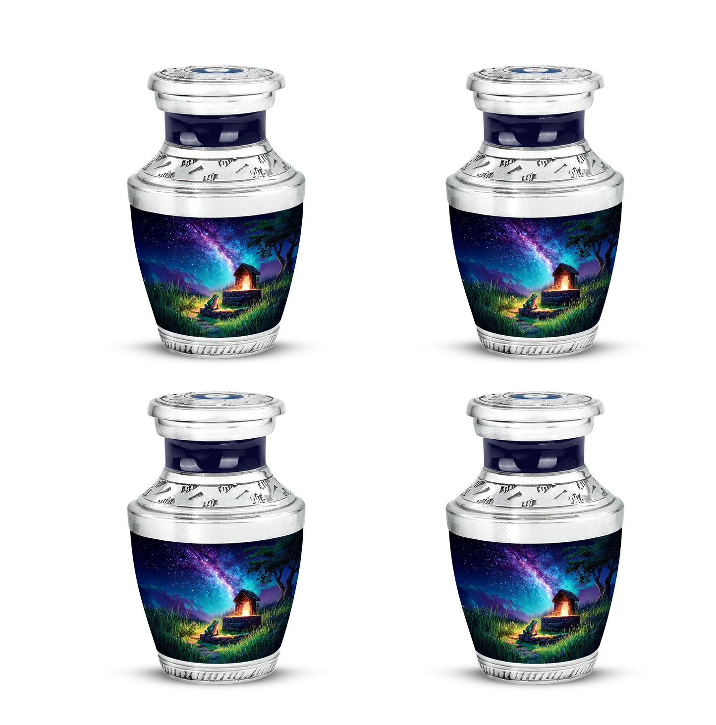 Steel Blue Frog Cremation Urn back view with polished surface - artistic frog interpretation with creative detail - 10 inch aluminum urn for cremated remains