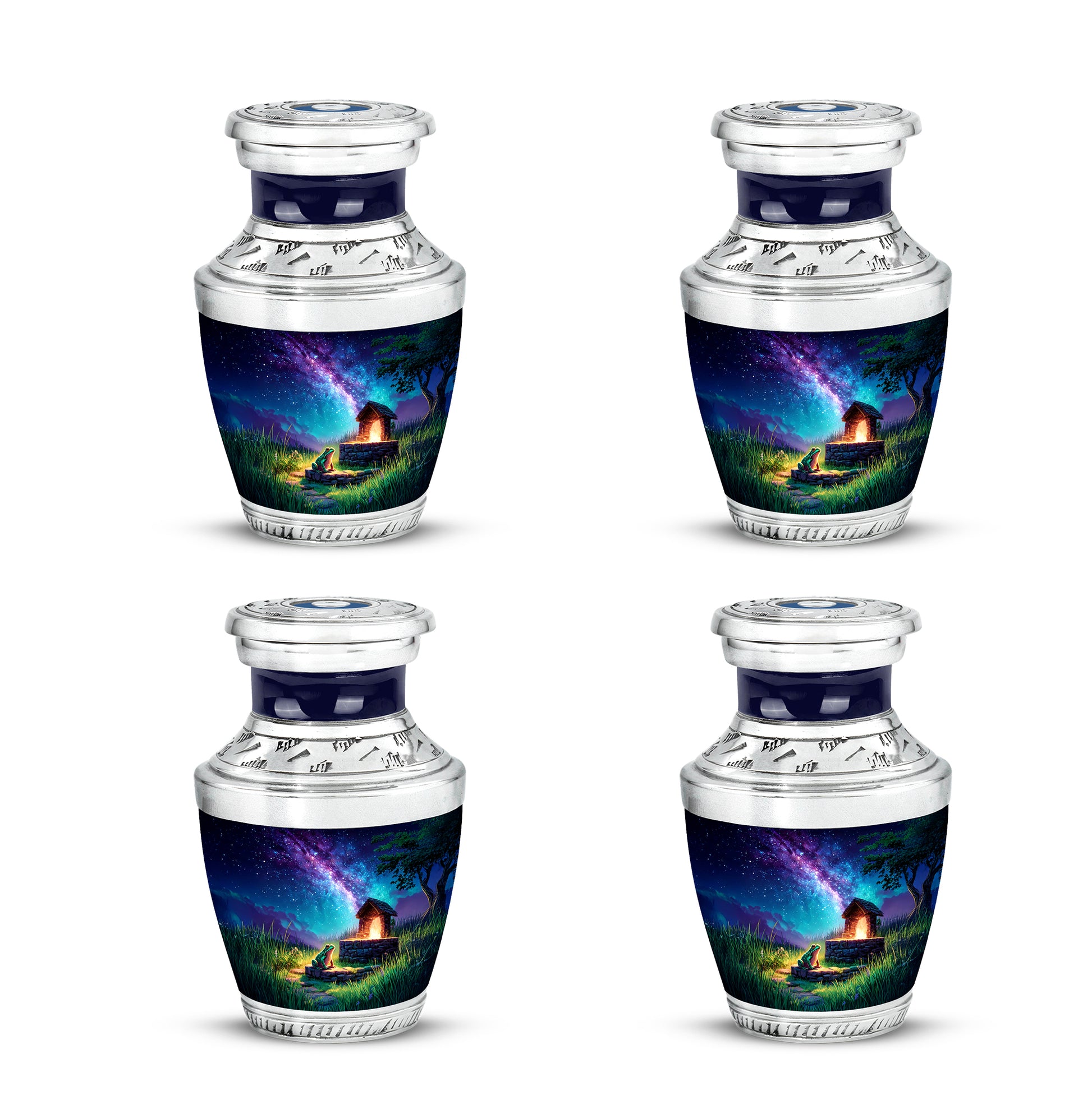 Steel Blue Frog Cremation Urn back view with polished surface - artistic frog interpretation with creative detail - 10 inch aluminum urn for cremated remains