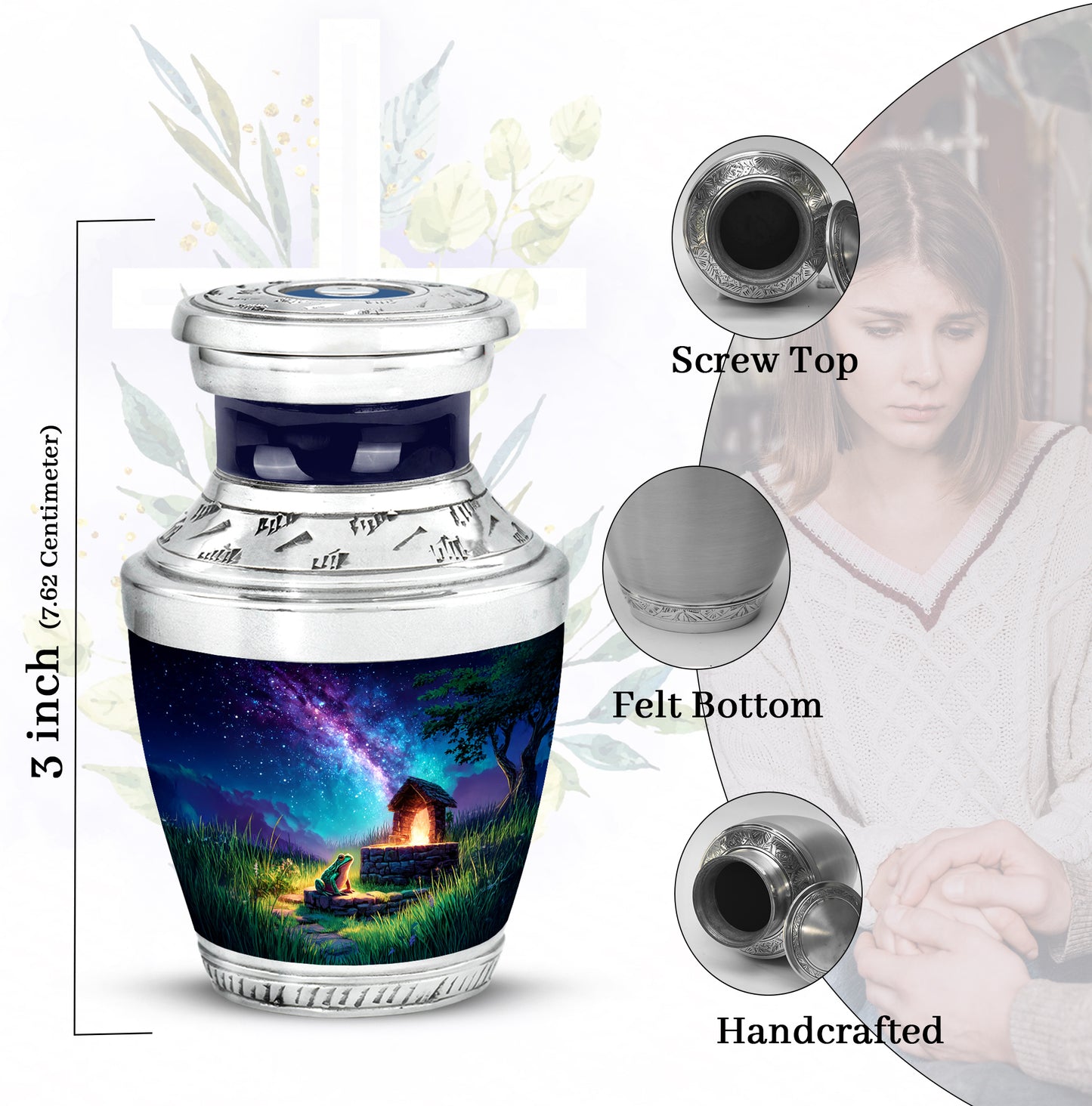 Cornflower Blue Frog Cremation Urn top-down view of secure threaded lid - artistic frog interpretation with creative detail - mini keepsake memorial for portion of cremation ashes