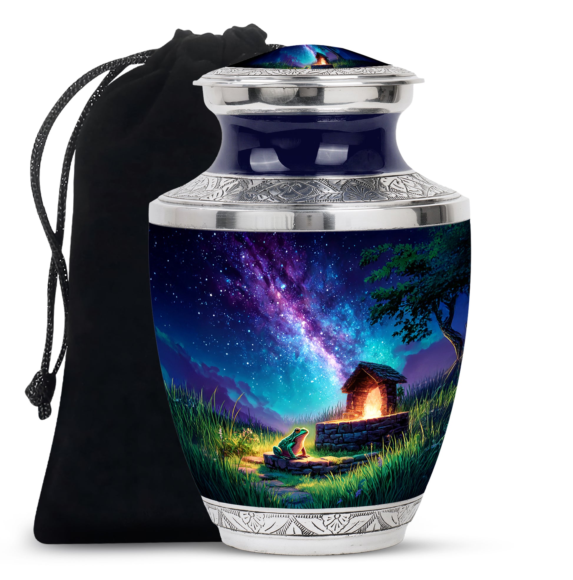 Icy Blue Frog Cremation Urn side profile showing urn shape - modern art-inspired frog motif on sleek aluminum - full-size 10 inch 200 cubic inch adult cremation urn