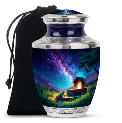 Icy Blue Frog Cremation Urn side profile showing urn shape - modern art-inspired frog motif on sleek aluminum - full-size 10 inch 200 cubic inch adult cremation urn