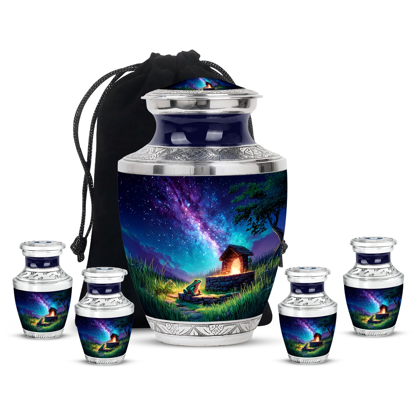 Cornflower Blue Frog Cremation Urn lifestyle display on memorial shelf - stylized abstract frog pattern with bold lines - memorial set with one large and four small urns