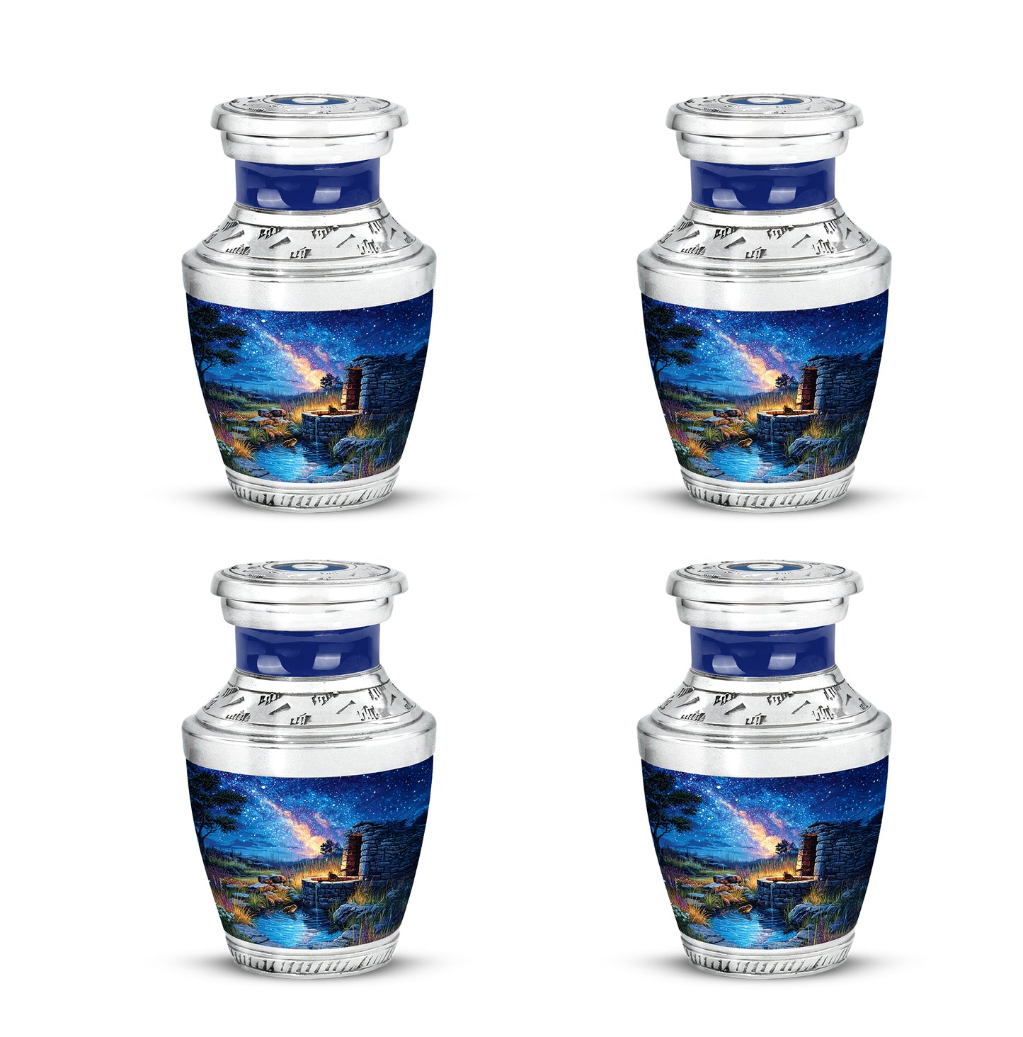 Sapphire Blue Frog Cremation Urn back view with polished surface - stylized abstract frog pattern with bold lines - 10 inch aluminum urn for cremated remains
