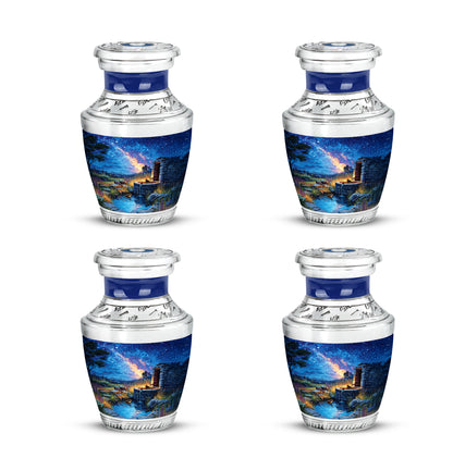 Sapphire Blue Frog Cremation Urn back view with polished surface - stylized abstract frog pattern with bold lines - 10 inch aluminum urn for cremated remains