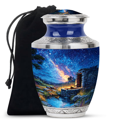 Powder Blue Frog Cremation Urn side profile showing urn shape - modern art-inspired frog motif on sleek aluminum - full-size 10 inch 200 cubic inch adult cremation urn