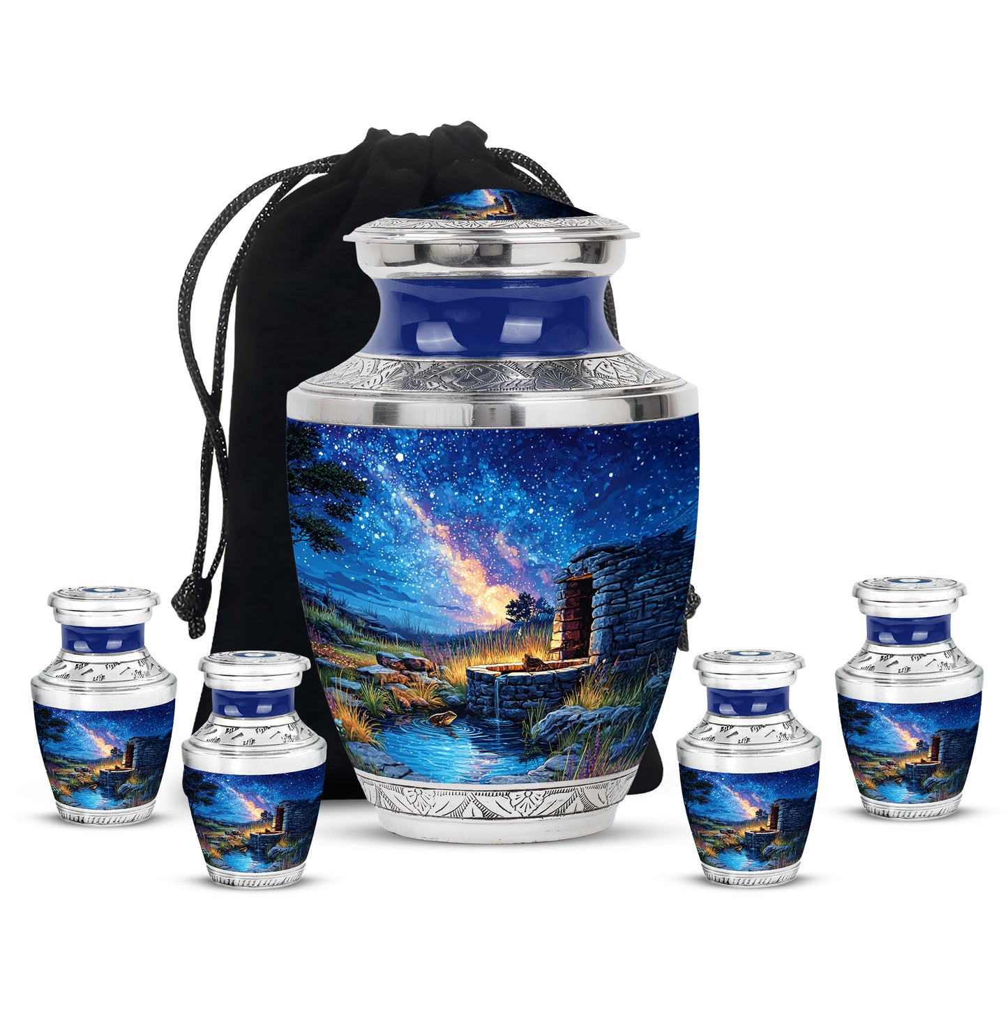 Navy Blue Frog Cremation Urn lifestyle display on memorial shelf - modern art-inspired frog motif on sleek aluminum - memorial set with one large and four small urns