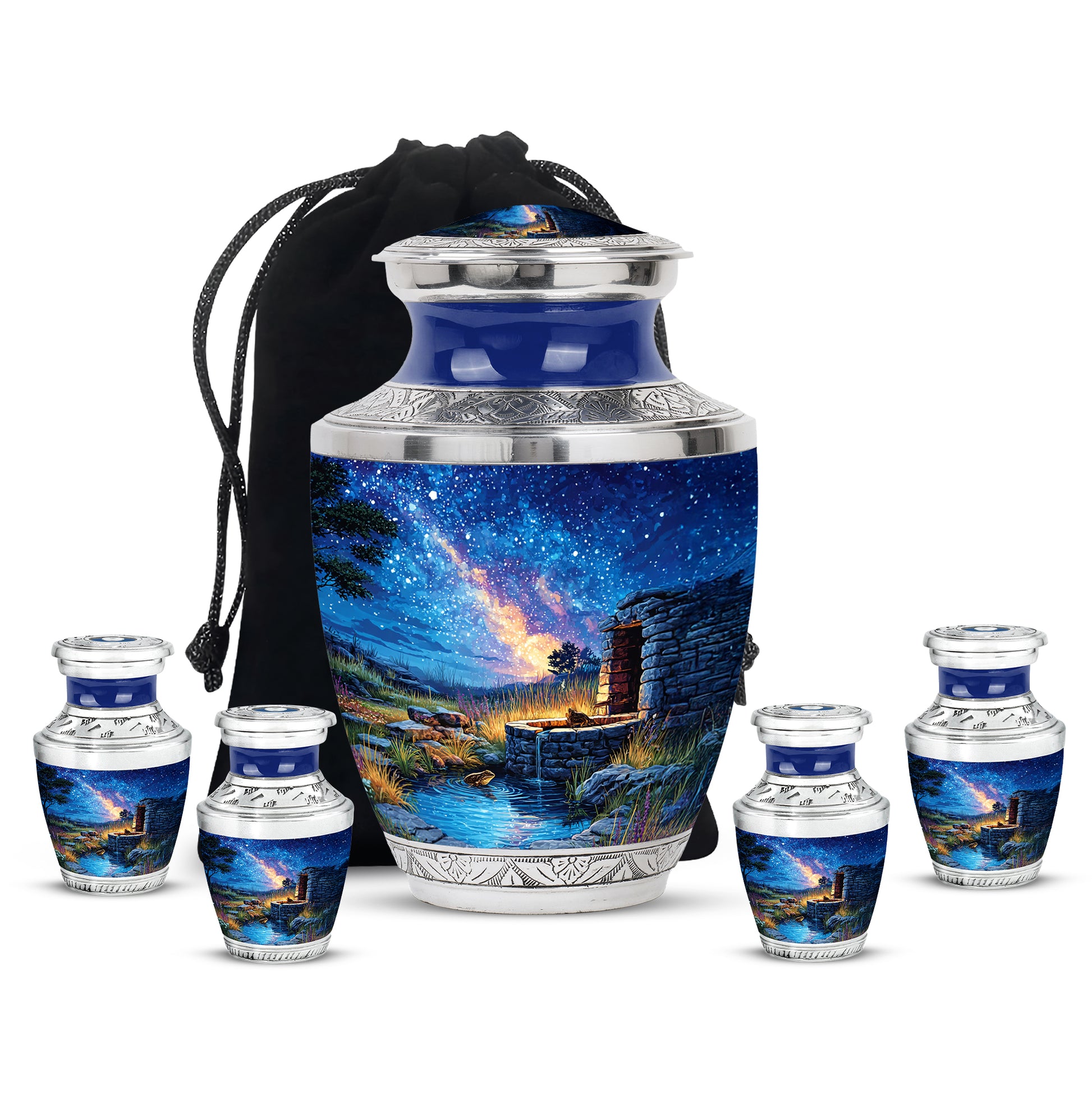 Navy Blue Frog Cremation Urn lifestyle display on memorial shelf - modern art-inspired frog motif on sleek aluminum - memorial set with one large and four small urns