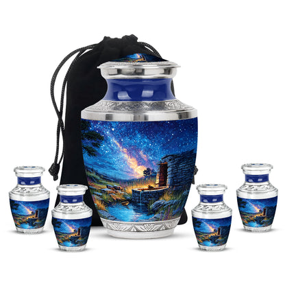 Navy Blue Frog Cremation Urn lifestyle display on memorial shelf - modern art-inspired frog motif on sleek aluminum - memorial set with one large and four small urns
