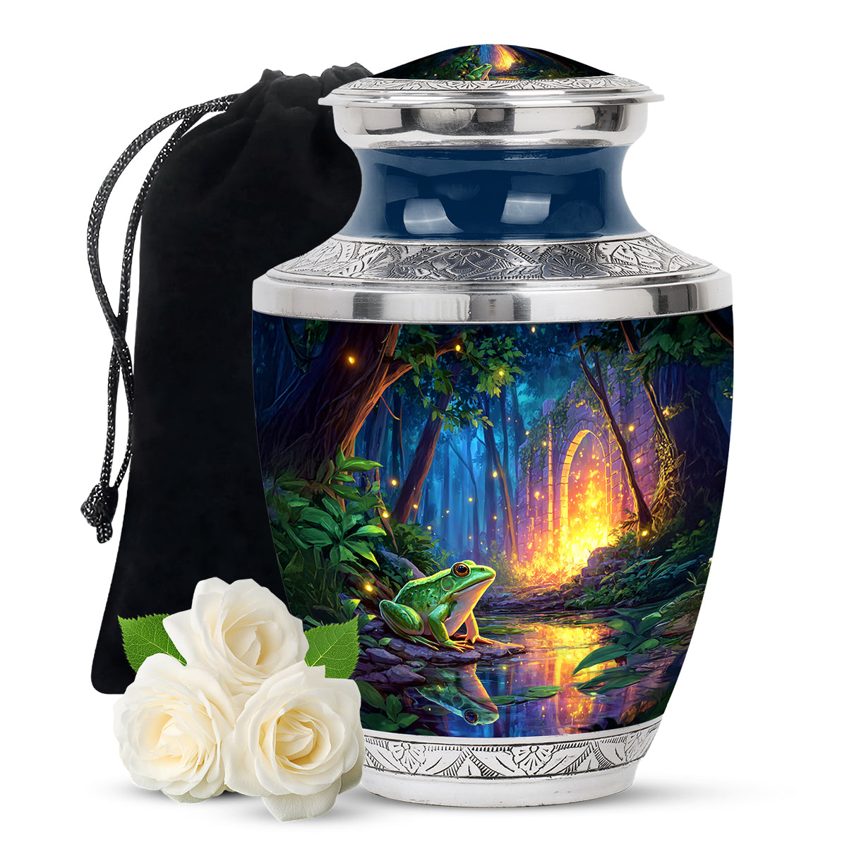 Twilight Blue Frog Cremation Urn side profile showing urn shape - stylized abstract frog pattern with bold lines - full-size 10 inch 200 cubic inch adult cremation urn