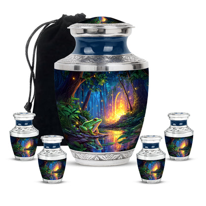 Misty Blue Frog Cremation Urn lifestyle display on memorial shelf - modern art-inspired frog motif on sleek aluminum - memorial set with one large and four small urns