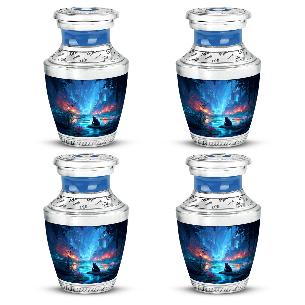 Celestial Blue Frog Cremation Urn back view with polished surface - modern art-inspired frog motif on sleek aluminum - 10 inch aluminum urn for cremated remains
