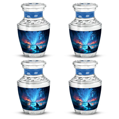 Celestial Blue Frog Cremation Urn back view with polished surface - modern art-inspired frog motif on sleek aluminum - 10 inch aluminum urn for cremated remains