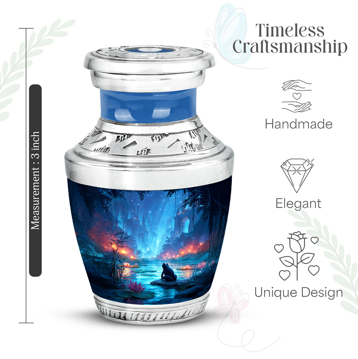 Indigo Frog Cremation Urn top-down view of secure threaded lid - contemporary frog design with modern artistic flair - mini keepsake memorial for portion of cremation ashes