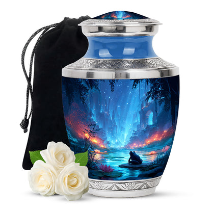 Dusty Blue Frog Cremation Urn side profile showing urn shape - modern art-inspired frog motif on sleek aluminum - full-size 10 inch 200 cubic inch adult cremation urn