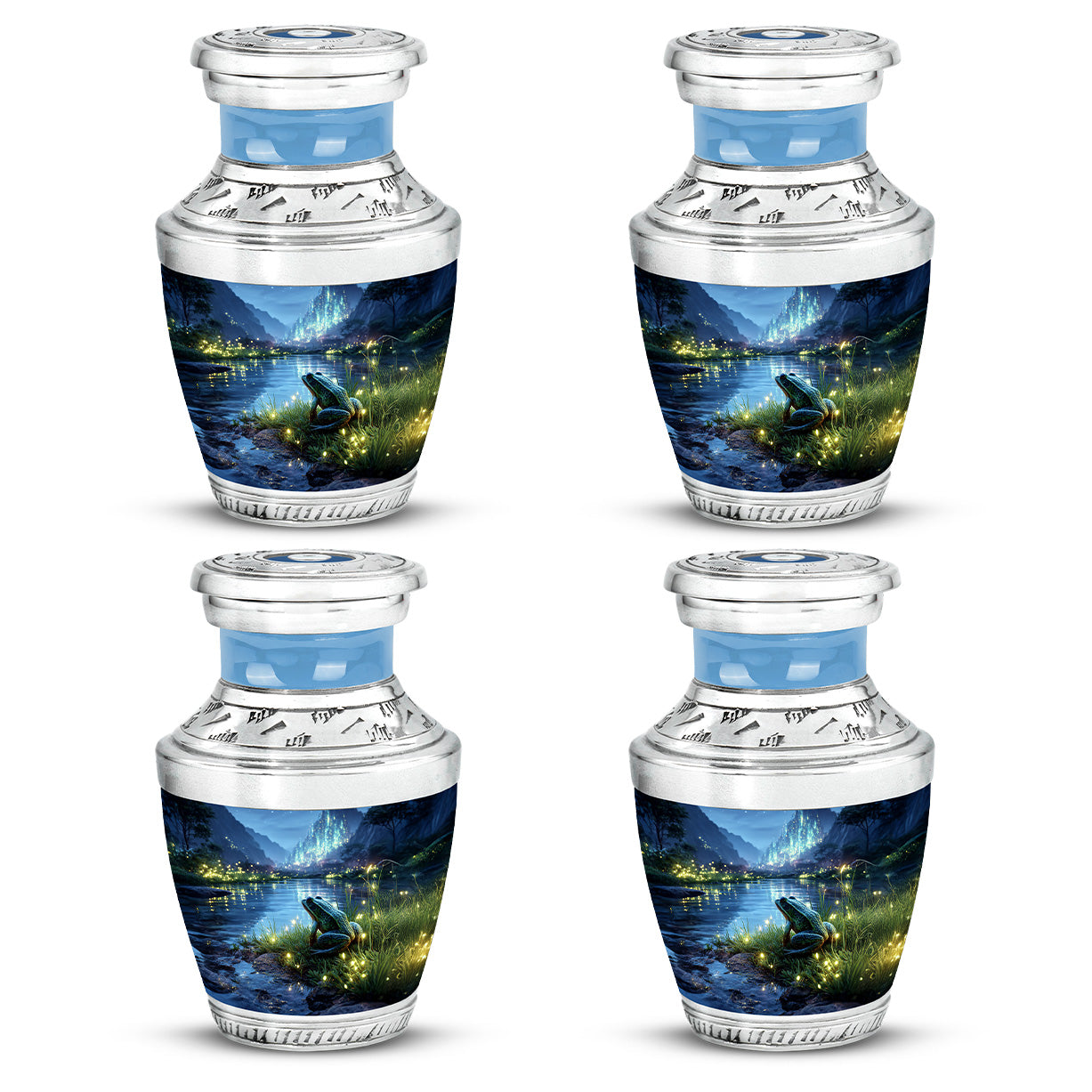 Icy Blue Frog Cremation Urn back view with polished surface - modern art-inspired frog motif on sleek aluminum - 10 inch aluminum urn for cremated remains