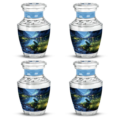 Icy Blue Frog Cremation Urn back view with polished surface - modern art-inspired frog motif on sleek aluminum - 10 inch aluminum urn for cremated remains