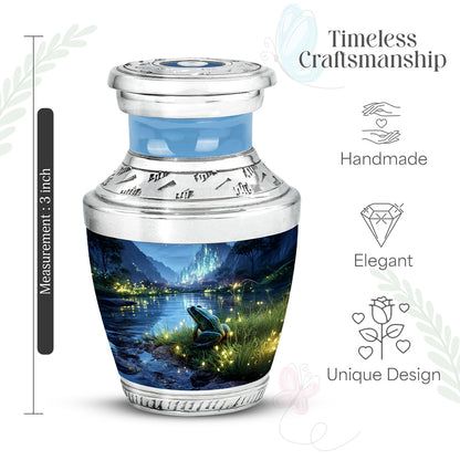 Misty Blue Frog Cremation Urn top-down view of secure threaded lid - contemporary frog design with modern artistic flair - mini keepsake memorial for portion of cremation ashes