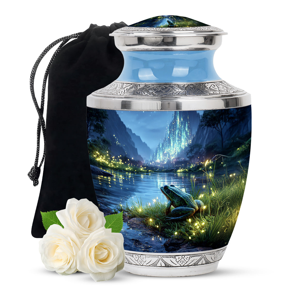 Powder Blue Frog Cremation Urn side profile showing urn shape - modern art-inspired frog motif on sleek aluminum - full-size 10 inch 200 cubic inch adult cremation urn